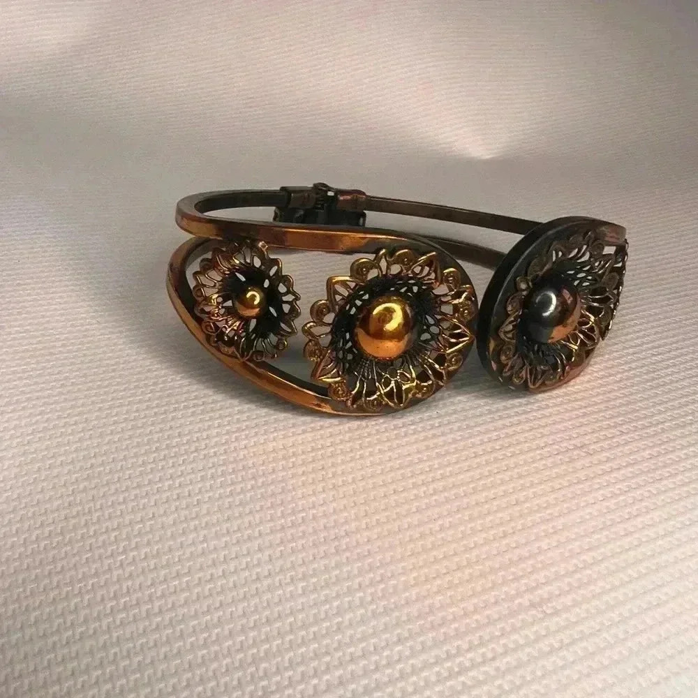 Vtg Solid Copper Heavy Weave Design Hinge Etched … - image 4